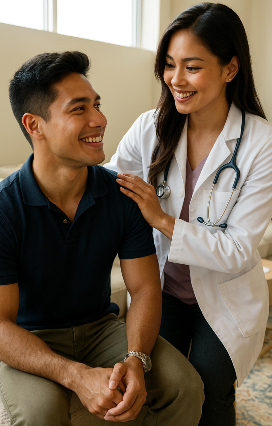Health Stat doctor comforting a male patient during a clinic visit, symbolizing personalized, compassionate care.