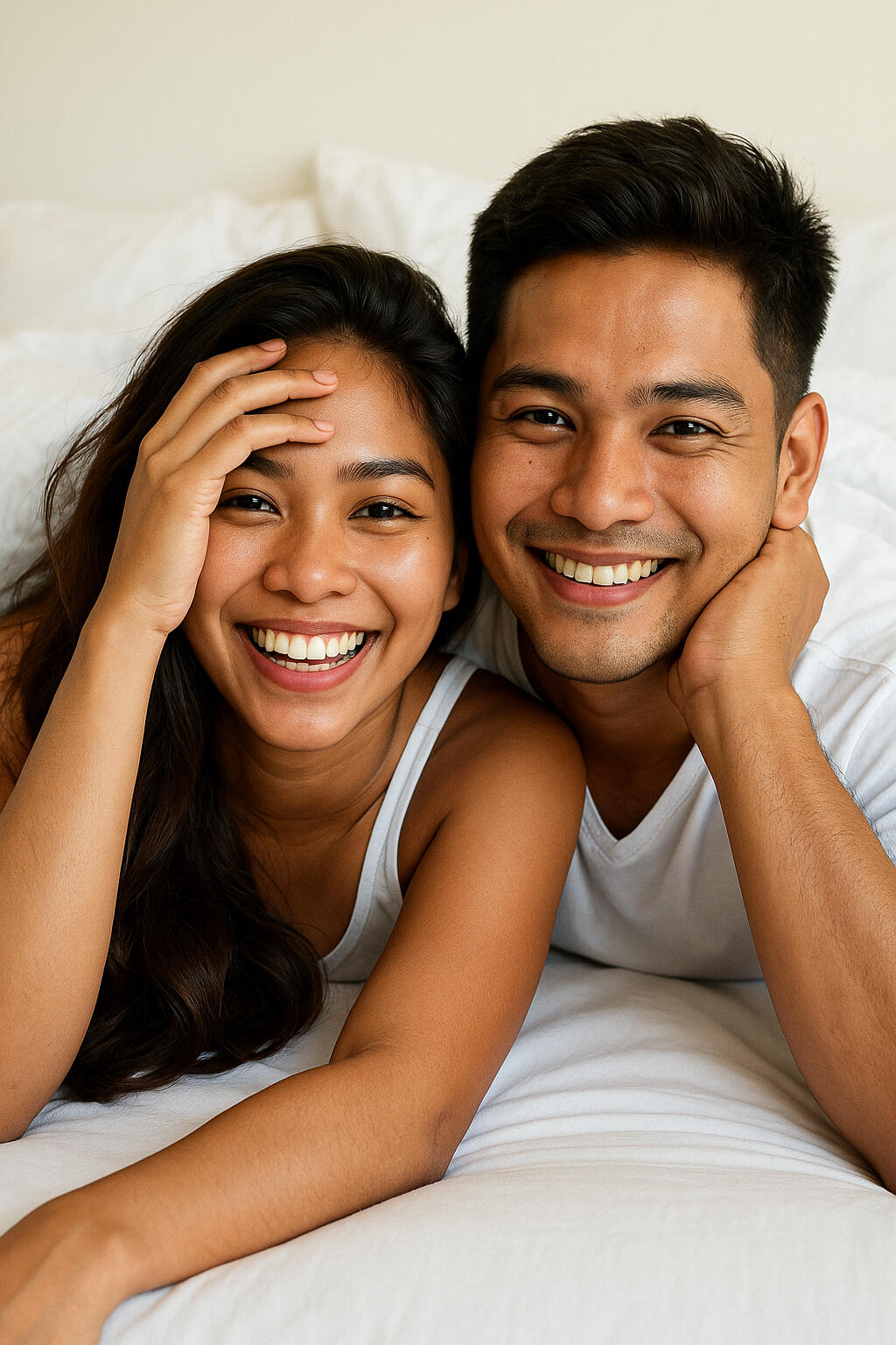 Young Filipino couple lying in bed and smiling, representing privacy, confidence, and peace of mind from confidential STI / STD testing at Health Stat