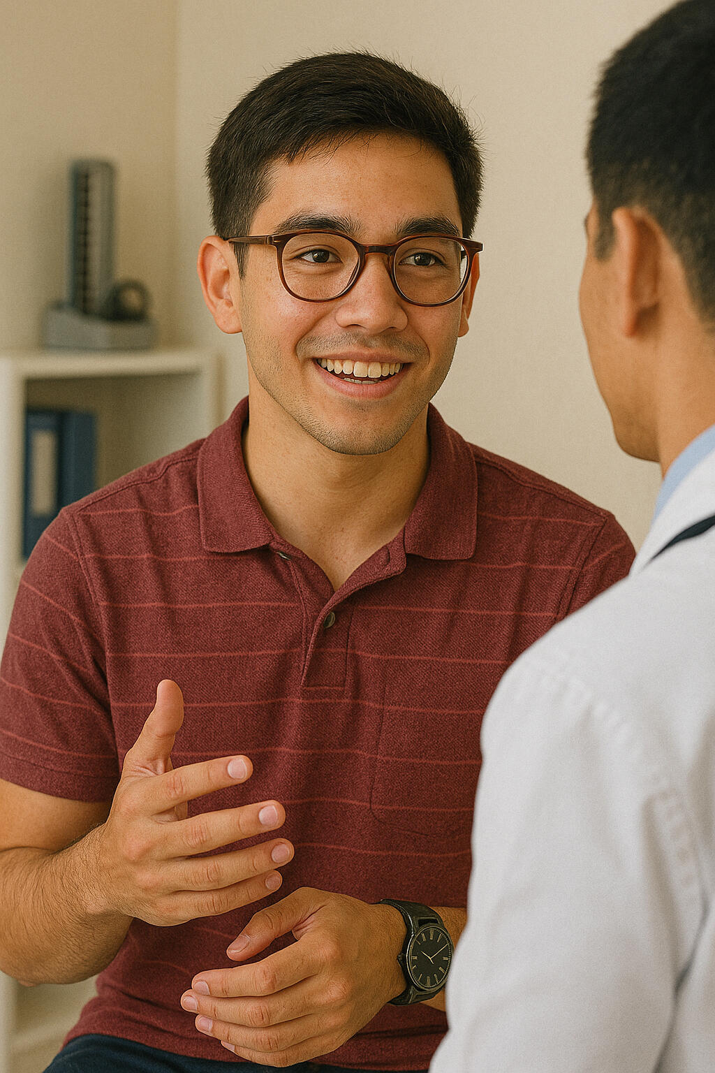 Young man smiling while discussing health concerns with a doctor in a clinic setting