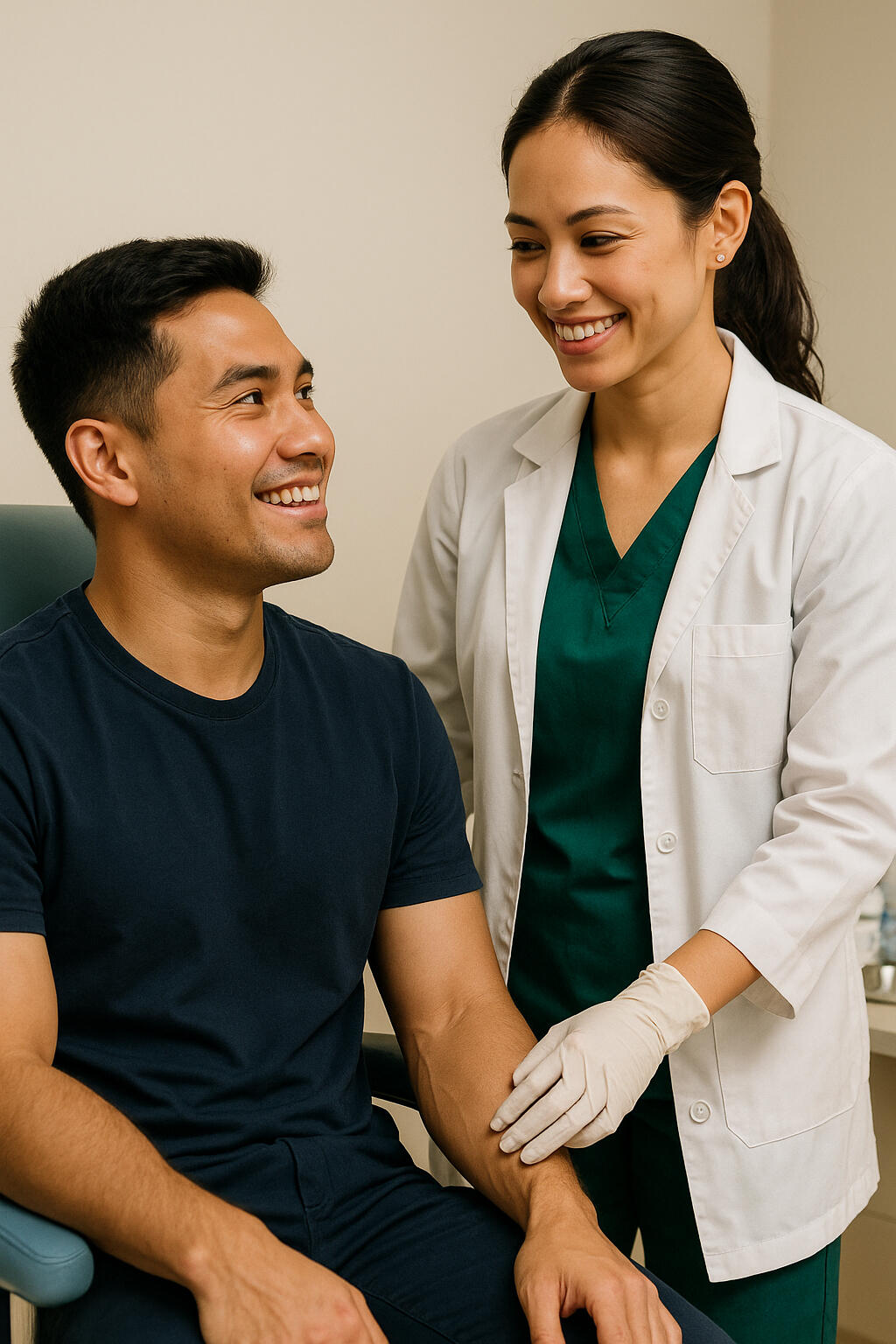 Doctor and male patient smiling during blood test preparation at Health Stat Friendly female healthcare professional preparing a male patient for blood extraction, representing lab services at Health Stat