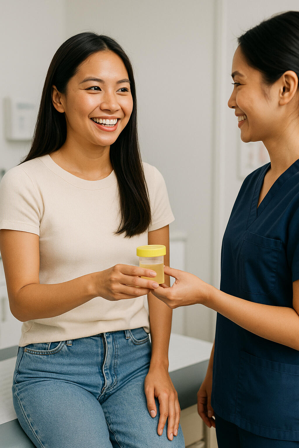 Female healthcare professional in scrubs standing with a female patient receiving a urine sample for drug testing at Health Sta Female patient in a clinic setting completing requirements for employment medical clearance, representing drug testing services at Health Stat