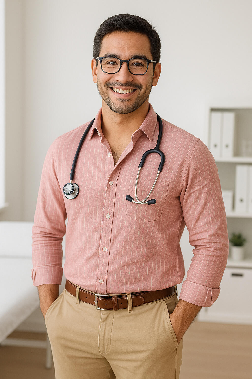 Male cardiologist inside a medical consultation clinic at Health Stat Friendly male cardiologist in dark pink pinstripe shirt inside a medical clinic room, representing heart services and cardiologist consultation at Health Stat