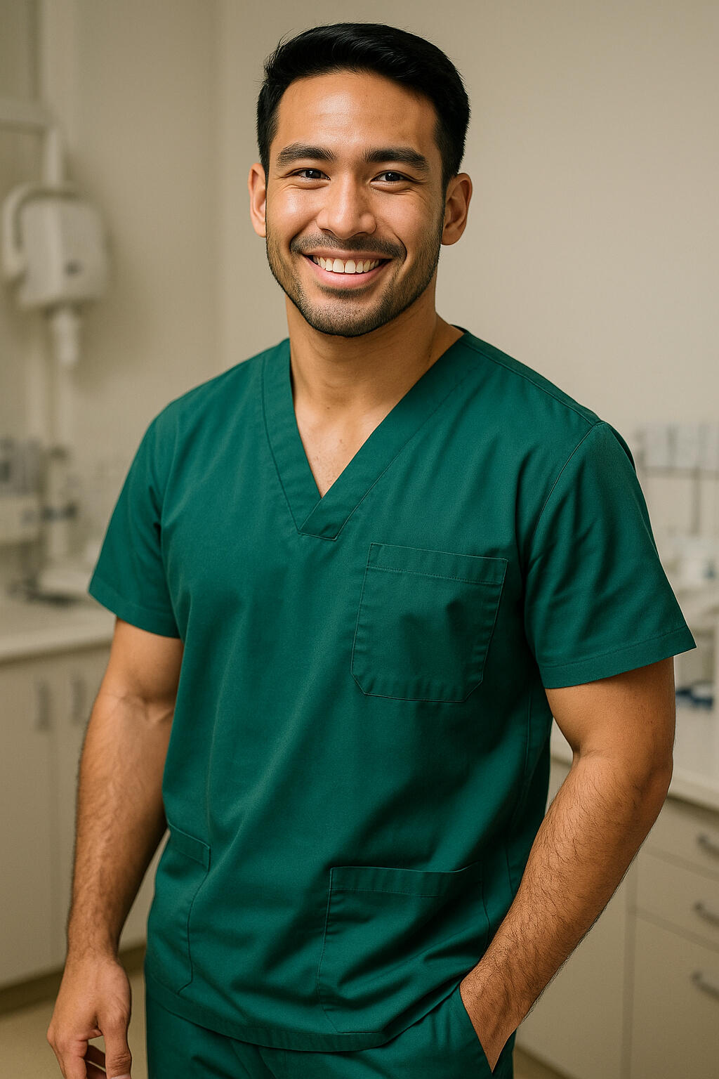 Male healthcare professional in scrubs standing inside imaging diagnostics area at Health Stat Friendly male radiologic technologist in dark green scrubs inside a diagnostic imaging room, representing X-ray and ultrasound services at Health Stat