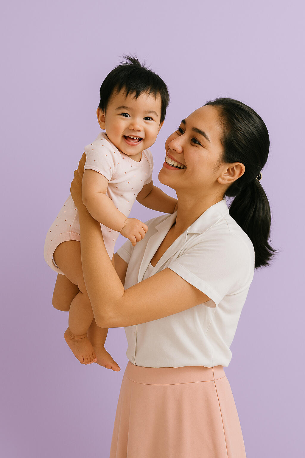 Smiling mother holding baby girl after vaccination at Health Stat clinic Happy Filipino mother lifting her smiling baby in a clean medical setting, symbolizing confidence and protection through child vaccination at Health Stat