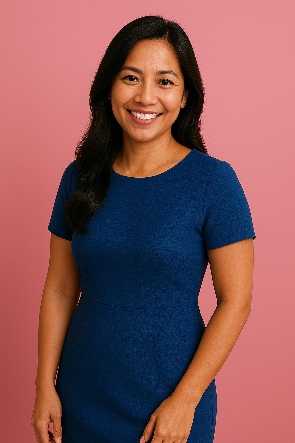 Filipina woman in a blue dress smiling warmly in front of a pink background, symbolizing comfort, strength, and professional care for women’s health at Health Stat