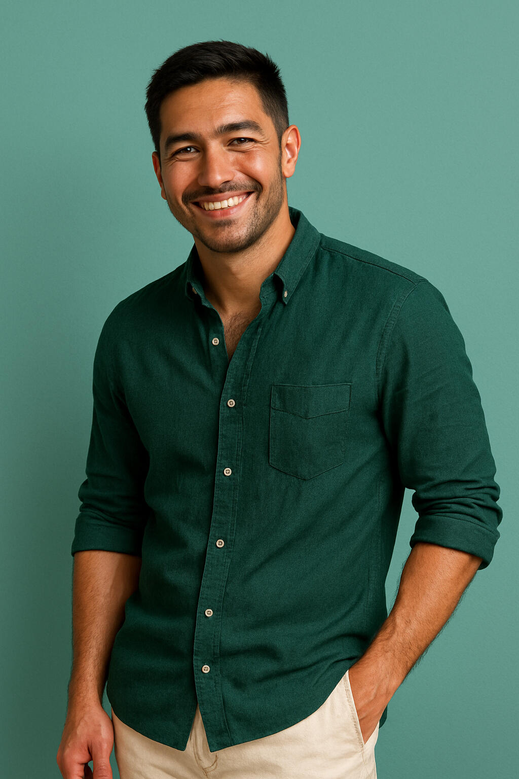 Filipino man in a green shirt smiling confidently in front of a green wall, representing accessibility and reassurance for general health check-up packages at Health Stat